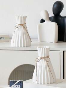 1pc Nordic Ins Style Pleated Waist Vase With Linen Rope Bow Vertical Rib Texture Vase, Minimalist Desktop Decor Suitable For Dried Flowers & Pampas Grass, Living Room & Bedroom - Multicolor - View 6