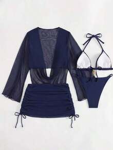 4pcs Sexy Solid Color Bikini Set With Sheer Cover-Up, Suitable For Vacation, Beach Party, Also Ideal For New Year And Valentine's Day, Exuding Elegance And Avant-Garde, Perfect Choice For Casual Women In Spring/Summer - 藏蓝色 - 查看 3