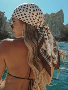 1pc Bohemian Style Polka Dot Printed Satin Headscarf, Fashionable Outdoor Headwrap Or Hair Accessory, Suitable For Spring/Summer, Can Also Be Used As Scarf, Headband Or Hair Tie, Ideal Accessory For Autumn/Winter Outfits - 咖啡棕 - 查看 2