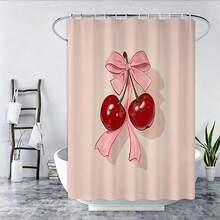 1/4 件装樱花蝴蝶结图案防水涤纶浴帘，配 12 个挂钩，浴室防滑垫，马桶座套和 U 型垫 - A - 查看 15
