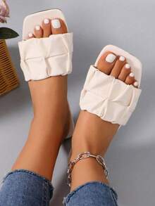 女士时尚方跟拼接平底休闲凉鞋 - 米色 - 查看 7