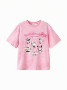 SANRIO Balabala 可爱女童夏季短袖印花T恤，休闲上衣，饰有可爱卡通印花和蝴蝶结装饰 - 紅色調 - 查看 1