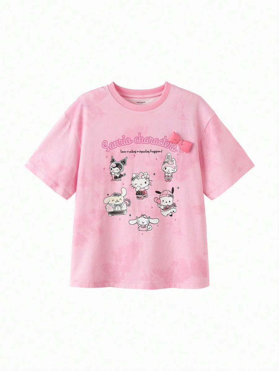 SANRIO Balabala 可爱女童夏季短袖印花T恤,休闲上衣,饰有可爱卡通印花和蝴蝶结装饰 - 紅色調 - 查看 1