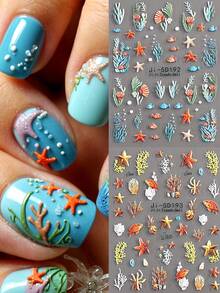 2pcs 5D Ocean Life Nail Stickers, Summer Seaweed, Fish, Shells, Starfish, Embossed Patterns, Self-Adhesive Nail Decals, Cute & Charming Nail Art Decorations, DIY Manicure Supplies - Multicolor - View 10