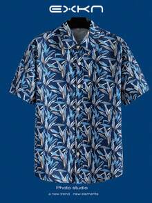 Tropical Paradise Pattern With  Green Palm Leaves And Vivid Blue Hibiscus Flowers Symbolizing Freedom And Vitality 3D Print Hawaiian Style Men's Button Up Casual Short Sleeve Shirt - A508D-AT22717 - 查看 1