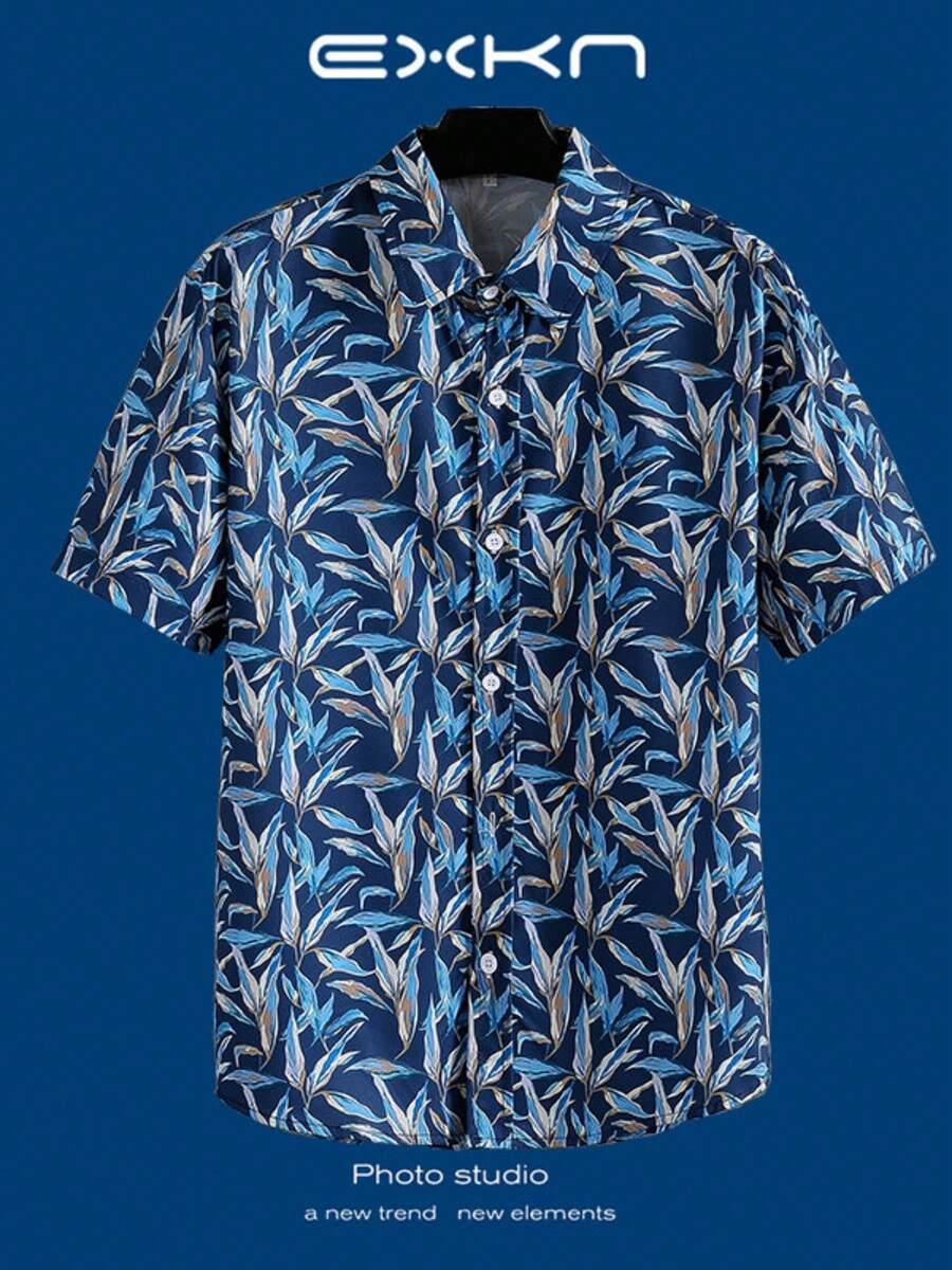 Tropical Paradise Pattern With Green Palm Leaves And Vivid Blue Hibiscus Flowers Symbolizing Freedom And Vitality 3D Print Hawaiian Style Men's Button Up Casual Short Sleeve Shirt - A508D-AT22717 - 查看 1