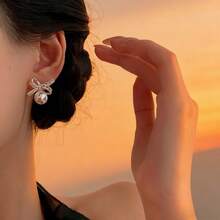 1 Đôi bông tai bạc S925 thiết kế nơ ren đính đá Cubic Zirconia, món quà trang sức thanh lịch dành cho phái nữ. - Bạc - Xem 3