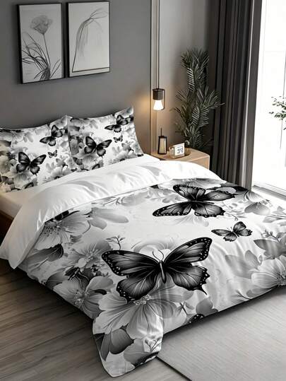 2/3件套优雅灰色花卉图案床上用品套装，含被套（1个被套+1/2个枕套，不含枕芯），时尚黑白蝴蝶图案床上用品套装，柔软温暖舒适的床上用品套装，适用于卧室、客房、宿舍装饰