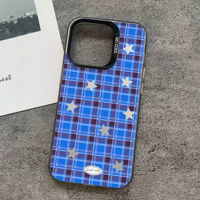 Fashionable Blue-Brown Plaid Star Pattern Gradient Color IMD Silicone Soft Edge Acrylic Hard Back Plate Large Hole Camera Protection Anti-Drop Thick PC Metal Button Phone Case Compatible With IPhone/////