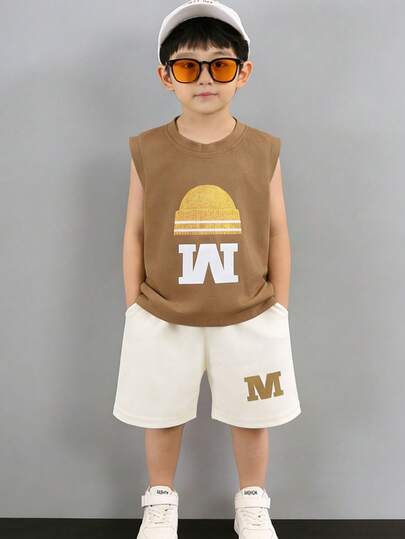 New Kids Summer Top Set, Boys Clothing Set, Sleeveless T-Shirt & Shorts, Korean Fashion Casual Loose Sports 2pcs Outfit