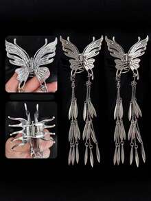 2pcs Bohemian Iron Alloy Butterfly Clip With Long Tassel, Elegant Elegant, Minimalist Chic Hair Clip, Suitable For All Seasons - Multicolor - View 2