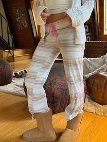 Women Lounge Pants Retro Fold Over Low Rise 2000s Colourful Stripe Stretch Flared Yoga Legging Bottoms Sweatpants - 青檸色 - 查看 2