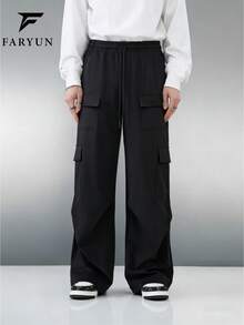男士宽松阔腿多口袋功能性工装裤，休闲街头风 - 黑色 - 查看 2