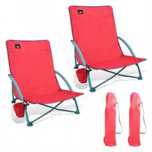 NORTHROAD - Paquete de 2 sillas de playa plegables bajas portátil ligera con respaldo bajo silla de camping para exteriores con soporte para tazas y bolsa de transporte para arena camping - Rosa - Ver 1