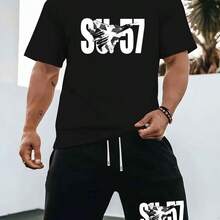 2026 Summer New Men'S Sports Casual Outfit Featuring A Round Neck Short-Sleeve T-Shirt And Elastic Waist Shorts, Made From Knitted Fabric With A Su-57 Fighter Jet Print - 黑色 - 查看 2