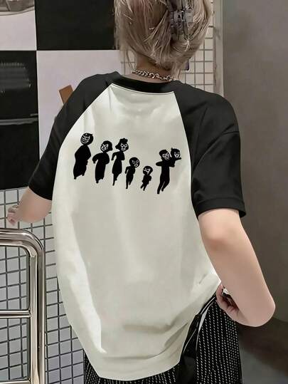 Áo thun tay ngắn raglan cổ tròn phối màu tương phản in hình hoạt hình ngộ nghĩnh thế hệ Z Y2K dành cho nữ, phong cách thường ngày.