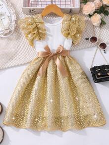 Girls Sleeveless Knit Dress With Gold Contrast, Frill Trim, Waist Belt And Mesh Panels, Summer - Gold - View 1