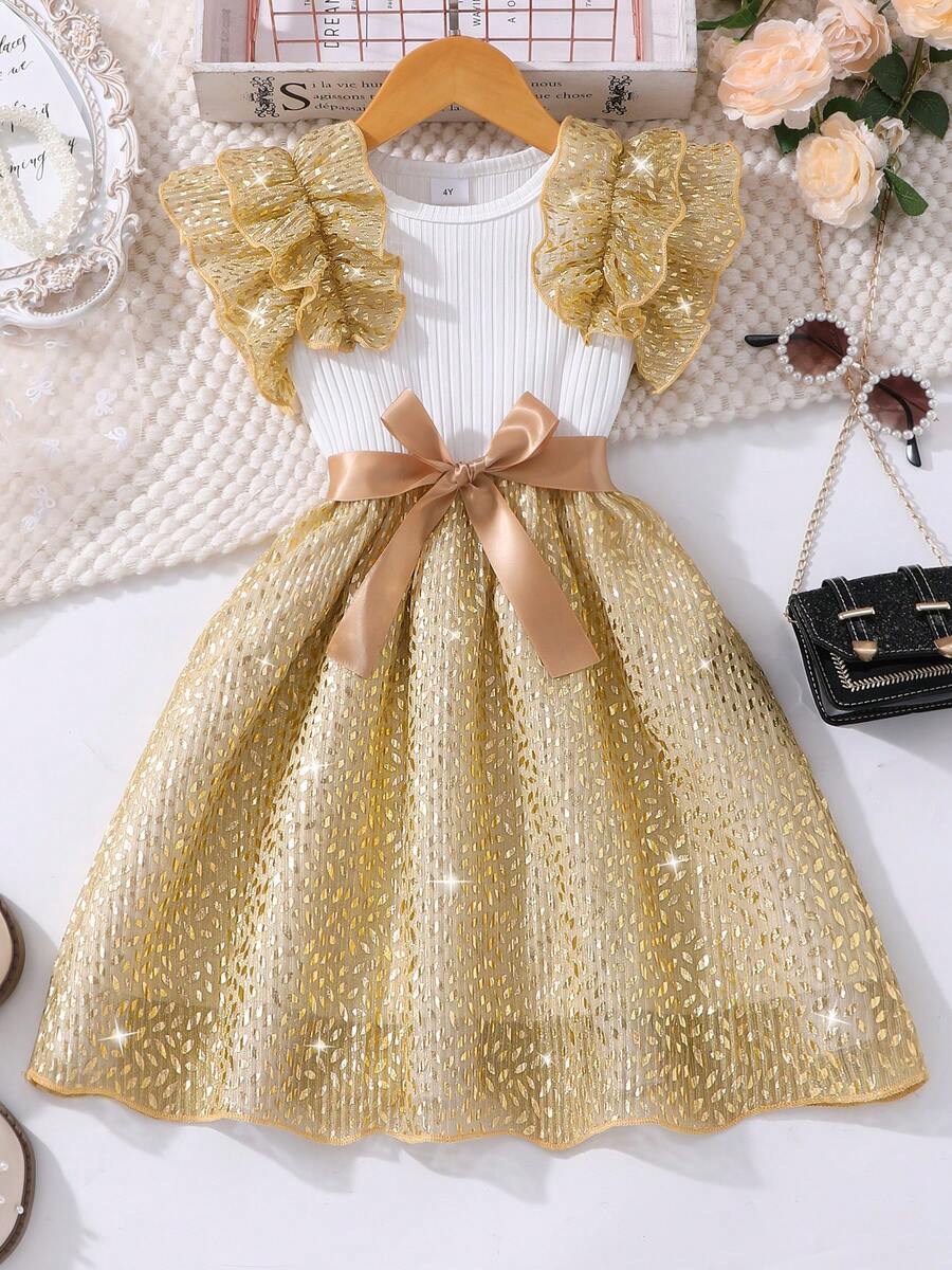 Girls Sleeveless Knit Dress With Gold Contrast, Frill Trim, Waist Belt And Mesh Panels, Summer - Gold - View 1