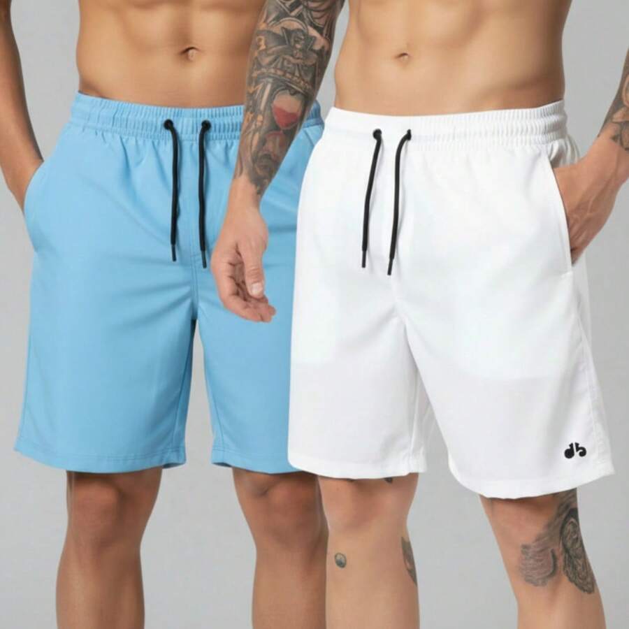 Kit Of 2 Men's Lightweight Tactel Shorts, Quick-Drying, Comfortable For Training And Everyday Wear - BLANCO/AZUL CLARO - Ver 1
