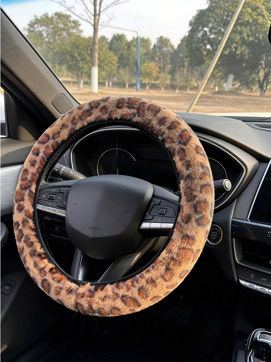 1pc Leopard Print Car Steering Wheel Cover, Fuzzy Insulated Anti-Slip Steering Wheel Protector - Multicolor - View 1