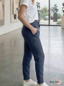 Women's Knit Pants With Ribbed Hem, Tie Waistband With Elastic, Knit Fabric, Autumn/Winter Fashion - Màu xanh hải quân - Xem 3