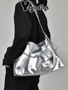 Unique Solid Color Shoulder Bag, Women's Large Capacity Multi-Function Fashion Handbag, Business Trip Travel Portable Quick-Lock Bucket Bag - Silver - View 1