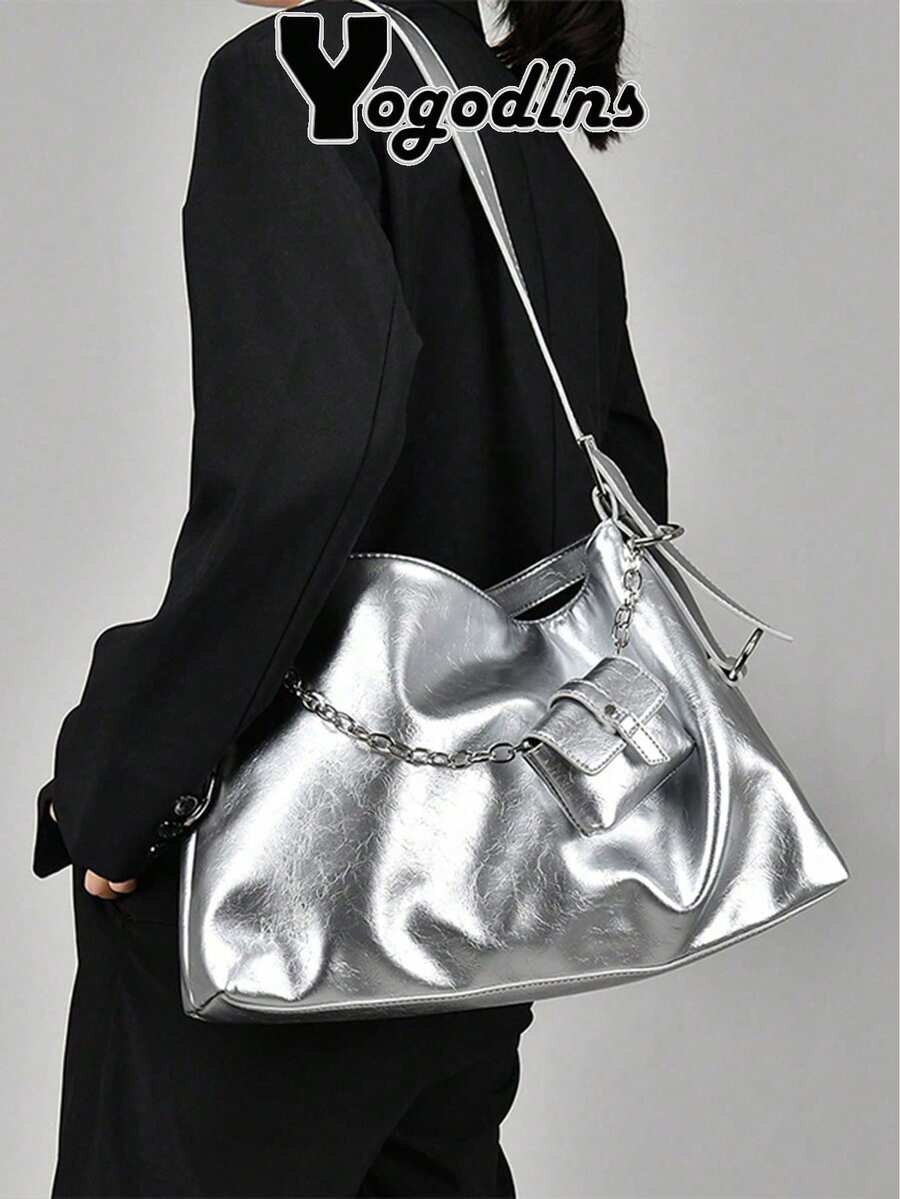 Unique Solid Color Shoulder Bag, Women's Large Capacity Multi-Function Fashion Handbag, Business Trip Travel Portable Quick-Lock Bucket Bag - Silver - View 1
