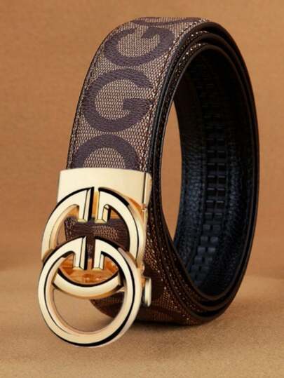 Men's Belt, Monogram Print, Automatic Buckle, PU Leather, Business Casual, Luxury Style, Brown Belt, For Suits & Jeans, Formal Accessories, Gift For Him