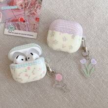 Plaid & Floral Pattern Earphone Case, Acrylic Shockproof Protective Cover With Pendant Compatible With Apple 1/2/3/4/Pro/Pro2/Pro3 - Purple - View 3