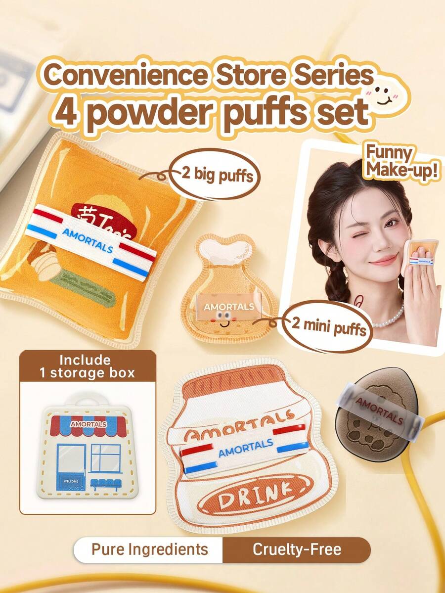 Amortals Convenience Store 4Pcs Powder Puff Set With Storage Case – 2 Large & 2 Mini Dual-Use Sponges, Powder-Saving For Foundation & Detail Makeup, For Beginners & Artists, Viral Trending Makeup Blender Kit