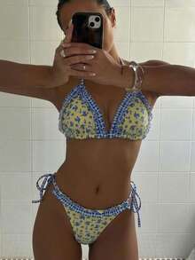 Nuevo conjunto de bikini de dos piezas con volantes para mujer, adecuado para la playa, aguas termales, vacaciones de verano - Amarillo - Ver 5