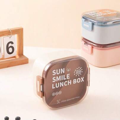 1000毫升方形极简塑料午餐盒，学生便携式按扣盖便当盒，双层隔层餐盒，可微波炉加热，厨房旅行两用