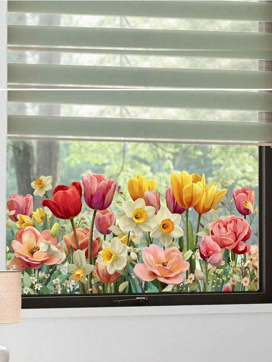 1pc Removable Spring Window Sticker With Realistic 3D Tulips, Daisies, Lavender And Sunflowers Asymmetrical Floral Pattern For Glass Doors, Mirrors, Showers - Easy To Peel And Stick Decor - B - View 1