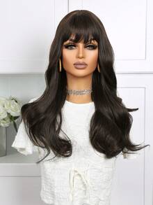 Peluca rizada sintética resistente al calor de 24 pulgadas de color marrón oscuro, elaborada con fibras de alta calidad. Esta peluca es adecuada para uso diario y ofrece un aspecto natural y realista. - Black-brown - Ver 5