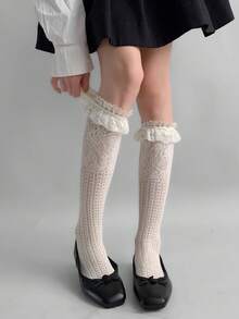 1双春夏洛丽塔复古日常过膝袜，蕾丝花卉镂空薄款小腿袜，蕾丝边饰袜，甜美学院风渔网袜，芭蕾舞荷叶边袜/性感学院风小腿袜 - 彩色 - 查看 2