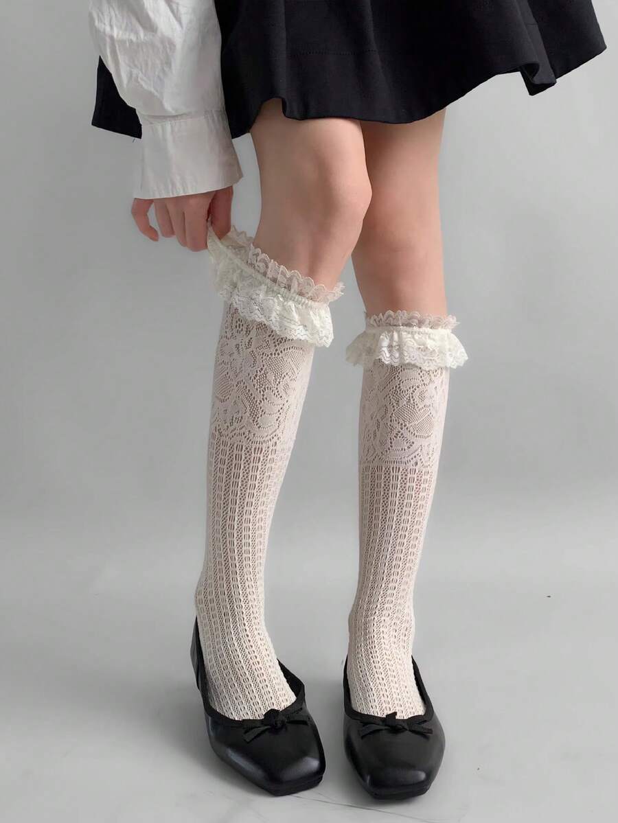 1双春夏洛丽塔复古日常过膝袜，蕾丝花卉镂空薄款小腿袜，蕾丝边饰袜，甜美学院风渔网袜，芭蕾舞荷叶边袜/性感学院风小腿袜