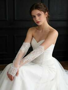 1 Paar elegante lange fingerlose Spitzenhandschuhe für Damen, geeignet für Hochzeit, Braut, Abendkleid Accessoires - Weiss - Übersicht 3