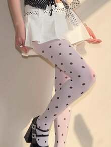 1 Pair Of Black Polka Dot Cute Women's Thin Pantyhose, Breathable Polka Dot Pattern Long Tube Socks, Comfortable - Multicolor - View 6