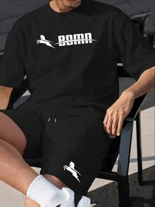 Men's Sports Casual T-Shirt And Drawstring Waist Shorts Set - Lightweight And Comfortable, Galloping Horse Print Black Summer - Black - View 1