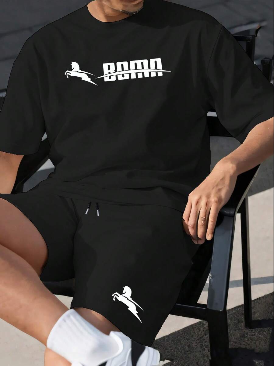 Men's Sports Casual T-Shirt And Drawstring Waist Shorts Set - Lightweight And Comfortable, Galloping Horse Print Black Summer - Black - View 1