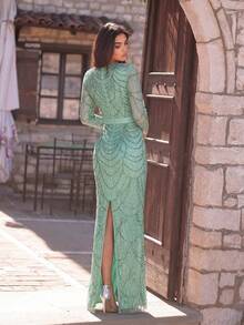 Faeriesty Elegant Mint Green Beaded Evening Gown - Long Sleeve Spaghetti Strap Dress With Intricate All-Over Embroidery, Waist Tie Design Suitable For Romantic Valentine's Date, Luxurious Black Tie Gala, And Red Carpet Events Party Wedding - Green - View 4