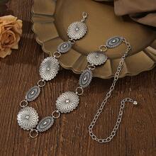 1pc Plus Size Western Style Vintage Floral Engraved Matte Black Textured Metal Waist Chain, Suitable For Pairing With Western Style Jeans, Suitable For Spring, Summer, Autumn And Wintersummer Outfits - Silver Sun - View 14