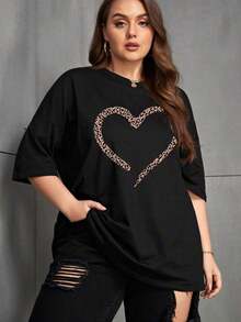 Camiseta holgada con estampado de leopardo y corazón, camiseta estampada con estampado de guepardo, parte superior para mujer, verano - Negro - Ver 2