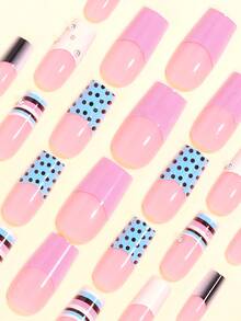用Y2K风格升级你的造型！24片中号方形按压式假指甲，包含春夏粉蓝色法式经典款、日常黑色波点款、Y2K多彩条纹款、3D珠子黑白渐变法式款，附赠1片胶贴和1片迷你胶胶带，随机发货 - 彩色 - 查看 4