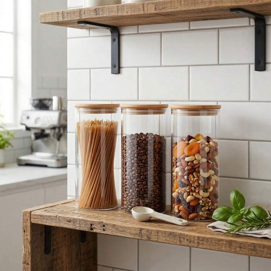 3PCS Large Glass Storage Jars – Airtight Pantry Containers For Spaghetti, Pasta, Cereal, Flour & Rice, Clear Kitchen Countertop Canisters - Transparente - 850 ml*3 - Ver 1