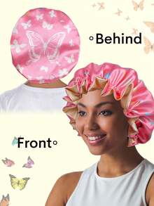 1pc Satin Butterfly Print Sleep Cap, Suitable For Wigs Straight/Curly Hair, Adjustable Pleated Double Layer Non-Slip Satin Sleep Cap, Hair Care - 60 Lace Hat - View 16