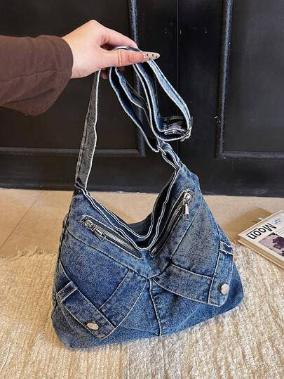 Nueva bolsa de hombro de mezclilla lavada con detalles de cremallera en estilo vintage casual: un versátil y espacioso bolso de mujer con correa ajustable, perfecto para ir de compras y para el transporte