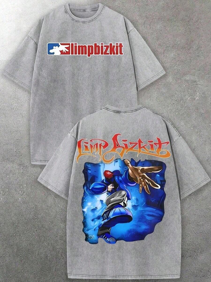 Anime Style Limp Bizkit Graphic 230g Washed Oversized Tee, Oversized Streetwear, Rock Summer Top For Men - 灰色 - 查看 1