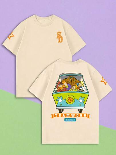 Whysmera SHEIN X SCOOBY-DOO Women's/Men's Oversize Drop Shoulder Short Sleeve T-Shirt, Retro Cartoon Adventure Squad & Flower Van Combo Print, American Retro Hippie Style, Versatile Loose Top For Street Skateboarding, Campus Daily, Summer Parties, Music Festivals, Girl Trips