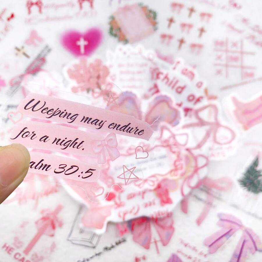 50 张粉色蝴蝶结贴纸，圣经经文图案，PET 透明材质，适用于水瓶、笔记本电脑、行李箱、电脑、剪贴簿、日记本、手机等。 - 彩色 - 查看 1